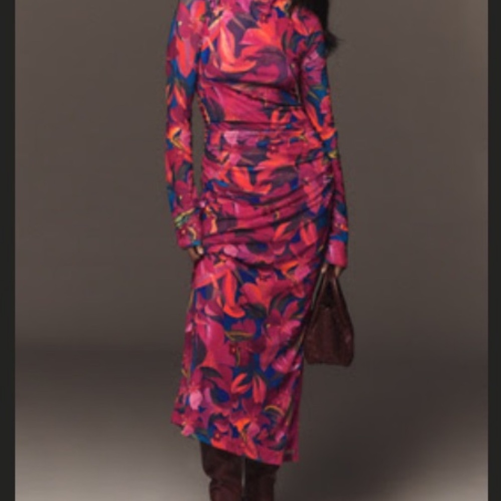 FARM Rio Pink Floral Long-Sleeve Ruched Midi Dress